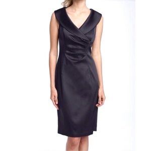 Kay Unger Ruched Shawl Collar Pleated Satin Dress